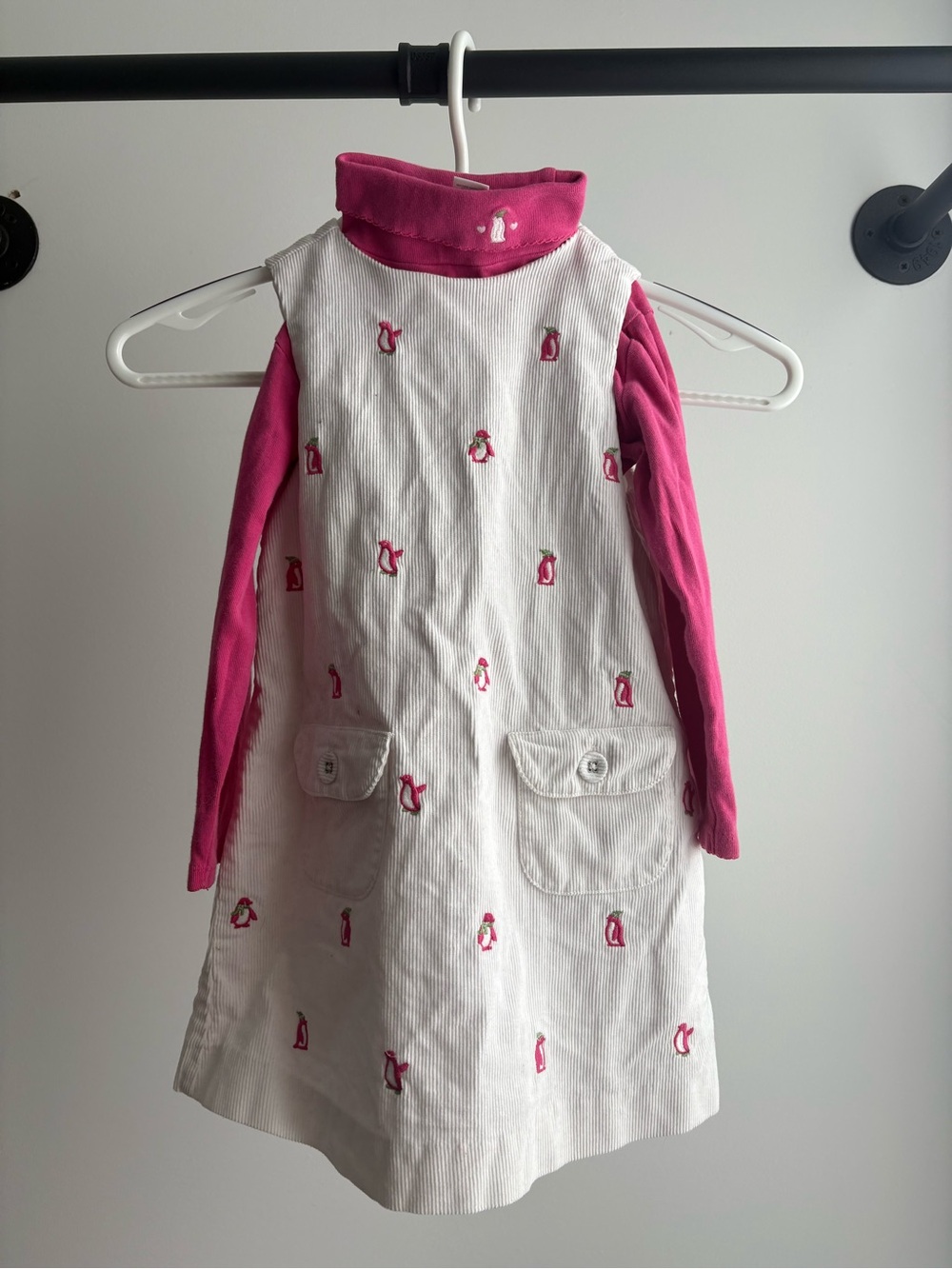 Janie and Jack White Corduroy Dress with Pink Embroidered Penguin